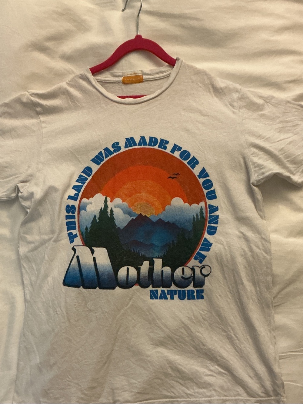 MOTHER White Short Sleeve Tee with Multicolor Nature Graphic